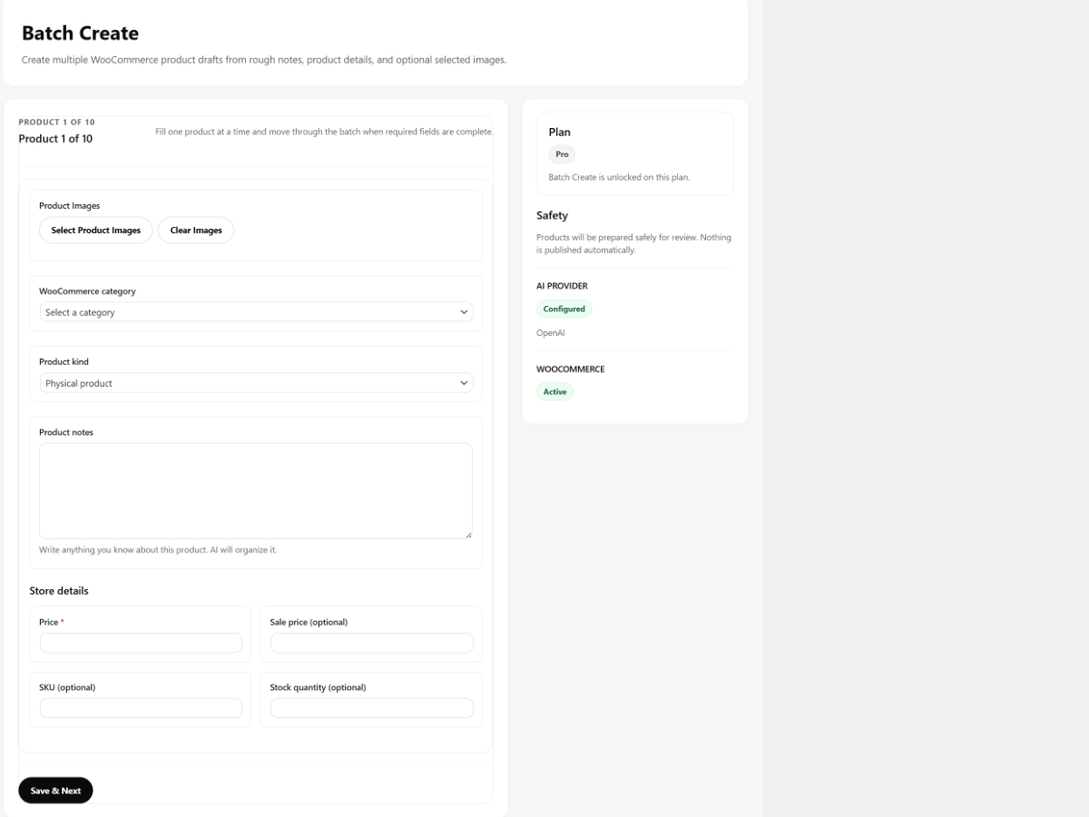 AI Product Studio Pro Batch Create screen for preparing multiple WooCommerce products with AI