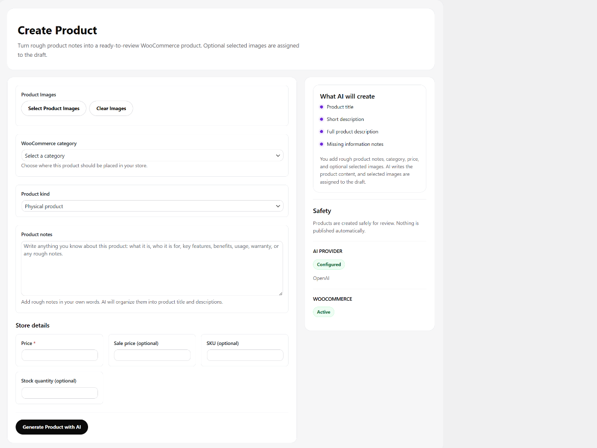 AI Product Studio Lite free product creation screen with product notes images category and price fields