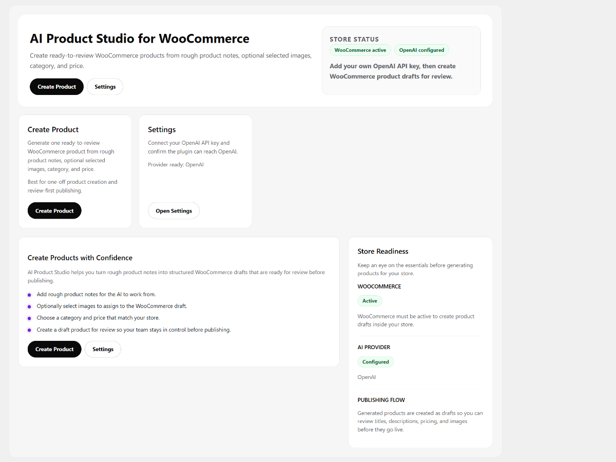 AI Product Studio Lite free dashboard for basic WooCommerce AI product creation