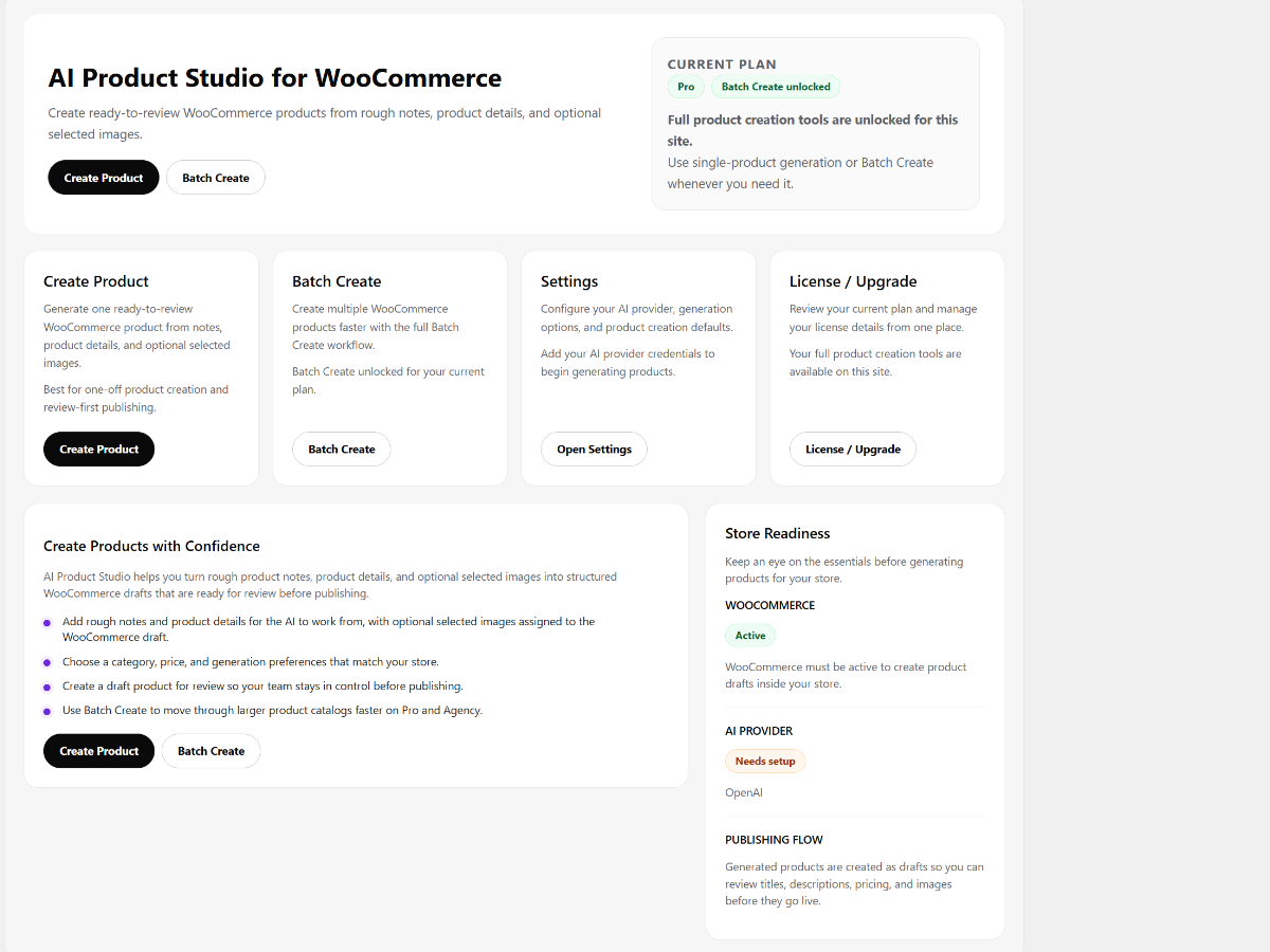 AI Product Studio Pro dashboard showing WooCommerce AI product creation, Batch Create, settings, license, and store readiness tools