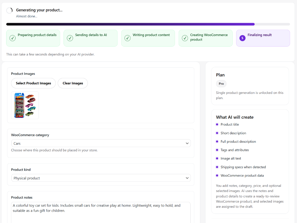 AI Product Studio Pro AI preparation process generating WooCommerce product content from product notes and fields