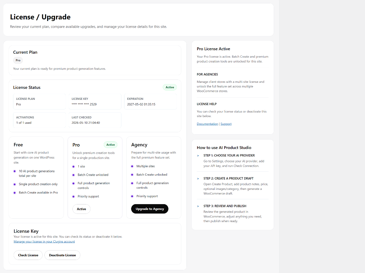 AI Product Studio Pro license and upgrade screen with Free Pro and Agency options