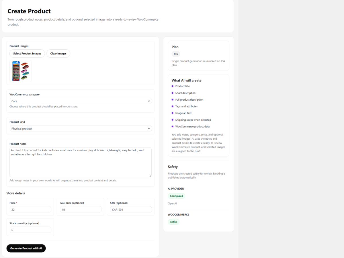 AI Product Studio Pro product creation screen with product images category product kind product notes price SKU and stock fields