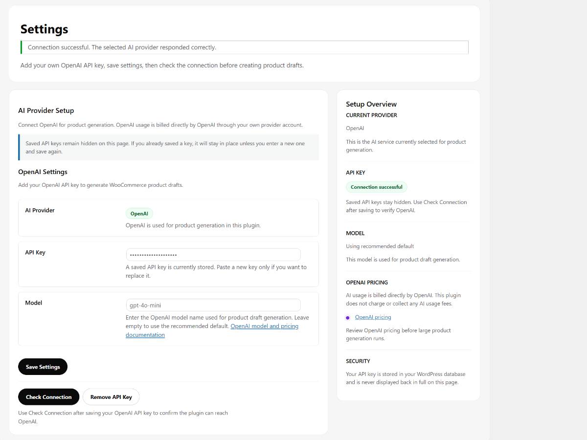 AI Product Studio Lite free settings screen for OpenAI API key and model setup