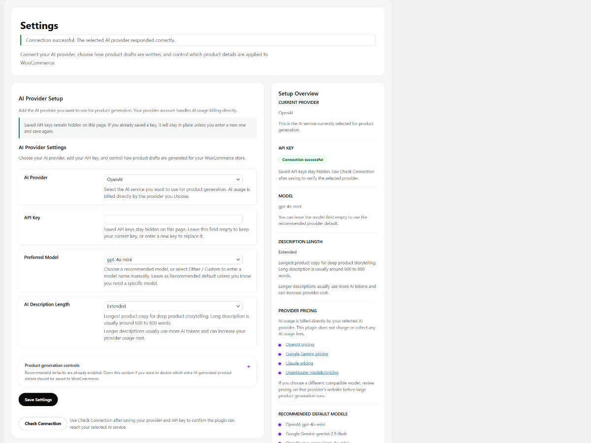 AI Product Studio Pro settings screen with AI provider preferred model description length and generation controls