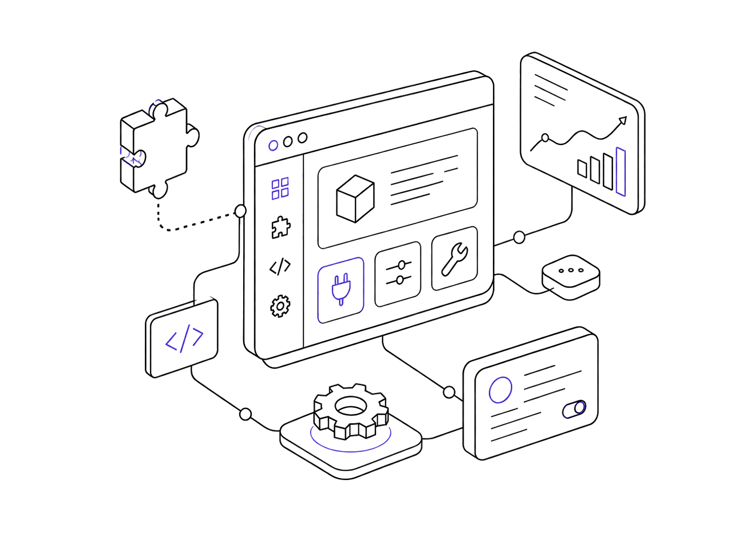 Clugins creative plugins and digital tools for WordPress WooCommerce and Unity Clugins isometric line art illustration showing plugins digital tools interface panels and modular workflow elements