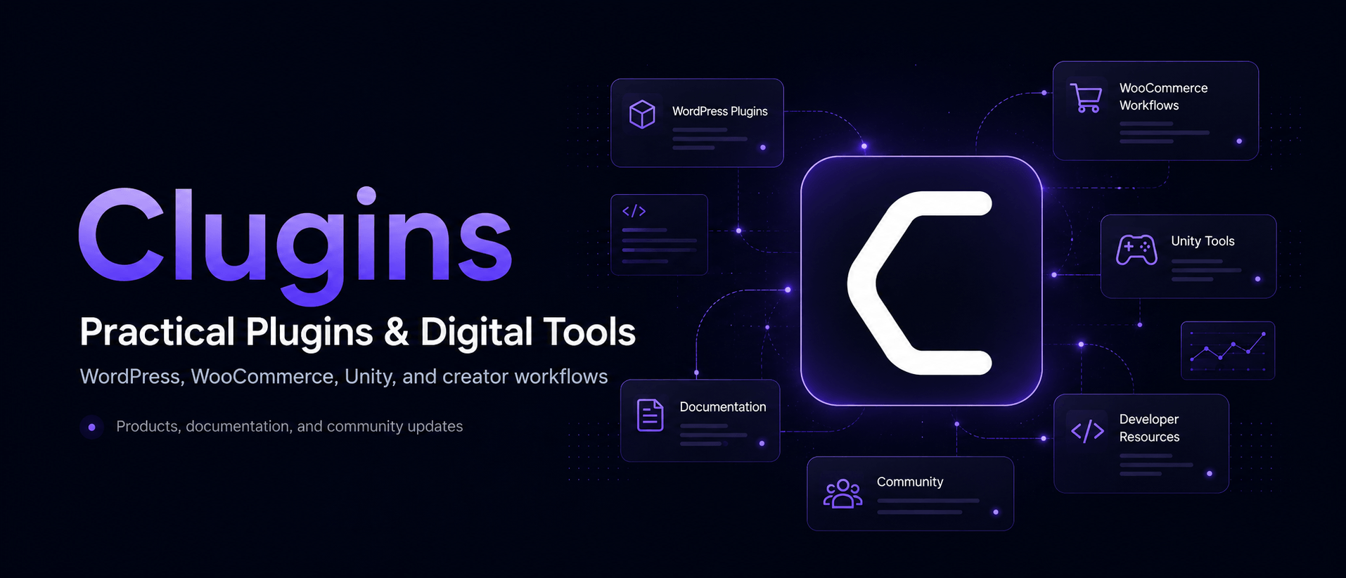 Clugins brand banner showing practical plugins digital tools WordPress WooCommerce Unity documentation and community updates