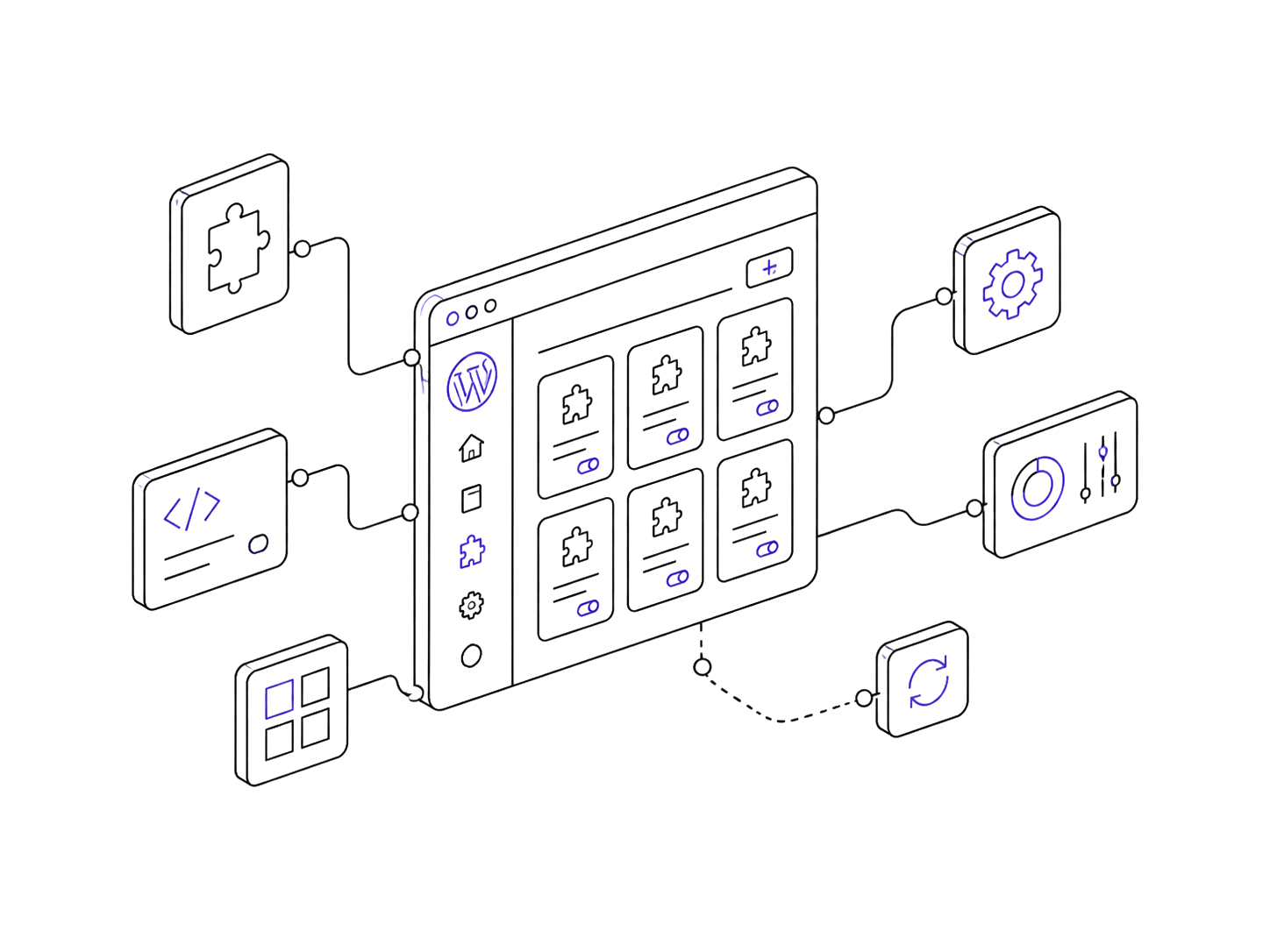 Clugins WordPress plugins illustration showing plugin panels and workflow tools